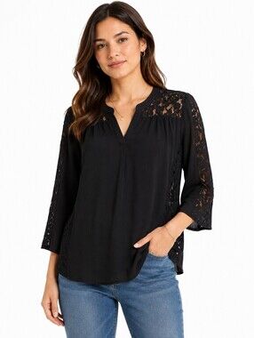 Nine West Jeans Women's Black Lace Trim Blouse 3/4 Sleeve Casual Top - L